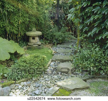 Pebble and stone paving in green oriental-style garden View Large Photo Image Picture - Pebble and stone paving in green oriental-style garden. Fotosearch