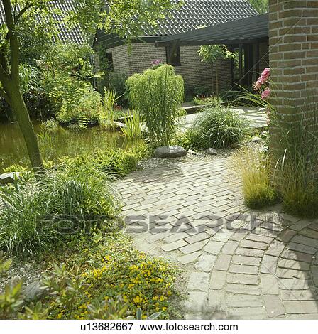 Pond and paving in town garden View Large Photo Image Stock Photo - Pond and paving in town garden. Fotosearch