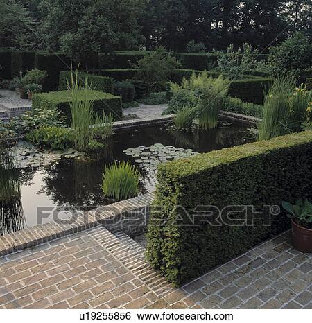 Stock Photograph - Pond and paving in town garden. Fotosearch