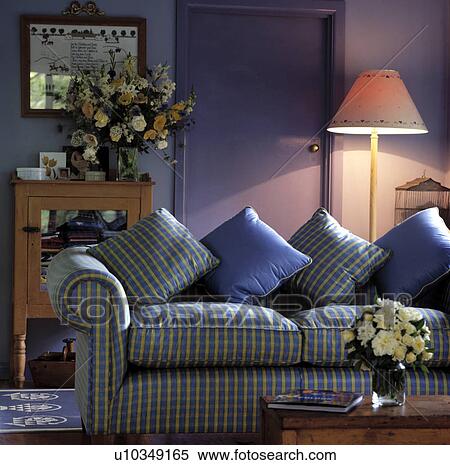 Purple Livingroom with Check Patterned Sofa. View Large Photo Image Stock Photography - Purple Livingroom with Check Patterned Sofa.. Fotosearch