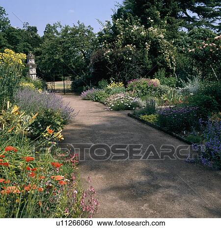 Red achillea and yellow hemerocallis in summer border beside wide path in large country garden View Large Photo Image Stock Image - Red achillea and yellow hemerocallis in summer border beside wide path in large country garden. Fotosearch