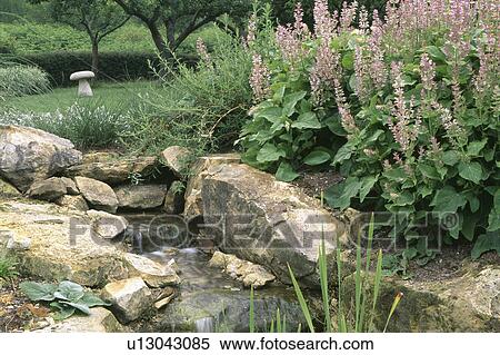 Rocks beside stream and small waterfall in country garden View Large Photo Image Stock Photography - Rocks beside stream and small waterfall in country garden. Fotosearch