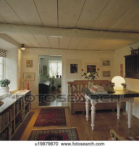Stock Image - scandinavian, cottage, interior, lighting, freestanding, table. Fotosearch