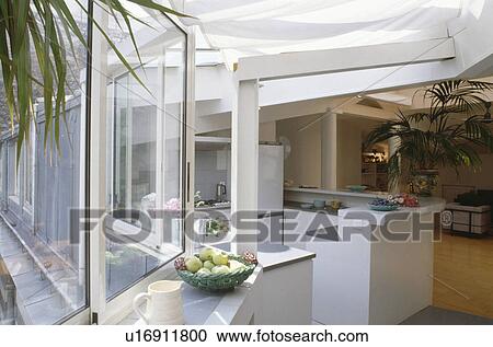 Sideways view of sliding windows in modern white openplan kitchen View Large Photo Image Stock Image - Sideways view of sliding windows in modern white openplan kitchen . Fotosearch