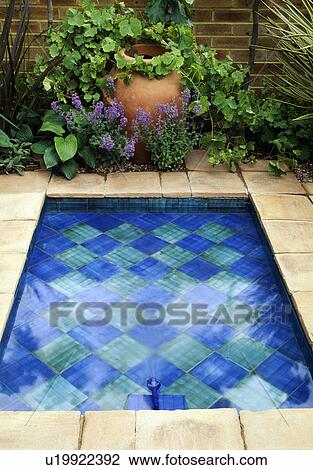 Small pond with bright blue tiles View Large Photo Image Stock Image - Small pond with bright blue tiles. Fotosearch