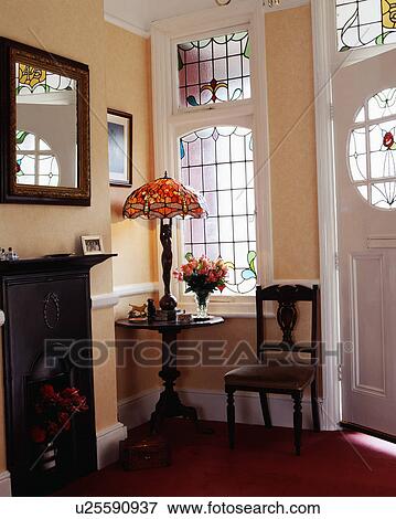 Stained Glass Art Nouveau Lamp On Small Table In Edwardian Style