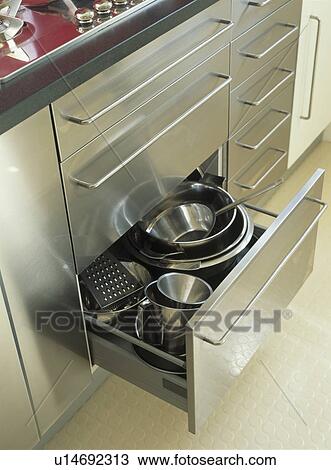 Stainless steel pans in storage drawer in brushed steel modern kitchen unit View Large Photo Image Stock Image - Stainless steel pans in storage drawer in brushed steel modern kitchen unit. Fotosearch