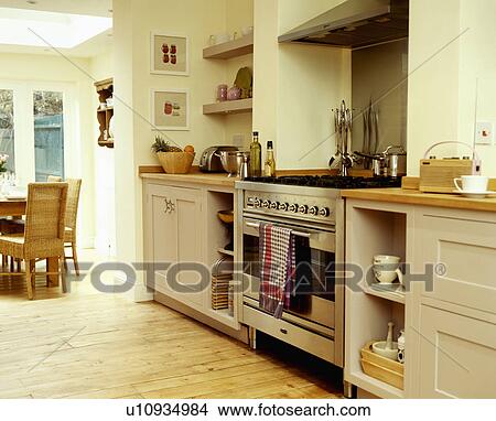 Picture - Stainless steel range oven in modern cream kitchen with fitted cupboards and wooden flooring. Fotosearch