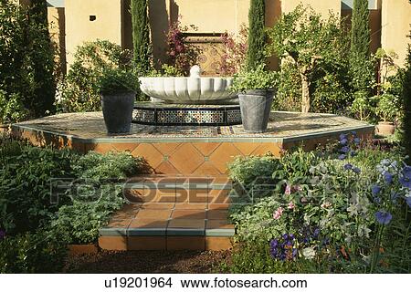 Picture - Steps to small raised water feature in garden. Fotosearch
