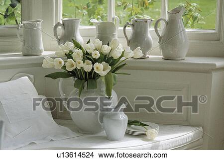 Still-Life of white tulips and jugs View Large Photo Image Picture - Still-Life of white tulips and jugs. Fotosearch