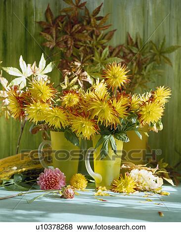 Still-Life of yellow chrysanthemums in yellow vases View Large Photo Image Stock Photo - Still-Life of yellow chrysanthemums in yellow vases. Fotosearch