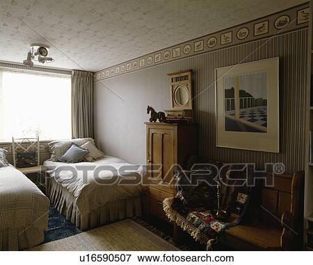 grey striped wallpaper bedroom