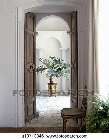 View through carved wooden doors to large palm in glazed ceramic pot in white hall View Large Photo Image Stock Photograph - View through carved wooden doors to large palm in glazed ceramic pot in white hall. Fotosearch