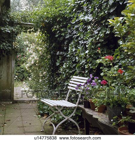 Stock Photo - White chair in courtyard garden in summer. Fotosearch