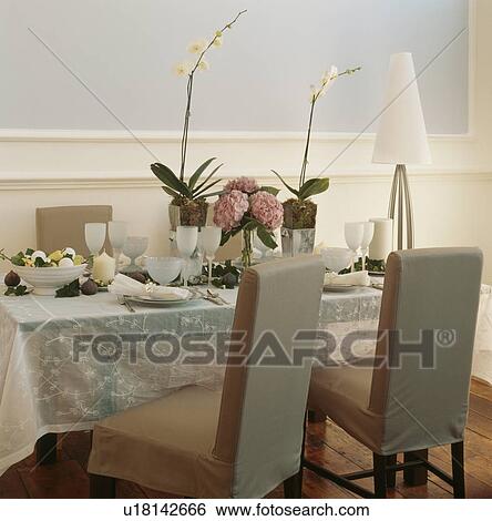 White orchids on table with embroidered white voile cloth and chairs with loosecovers in traditional diningroom View Large Photo Image Stock Photograph - White orchids on table with embroidered white voile cloth and chairs with loosecovers in traditional diningroom. Fotosearch