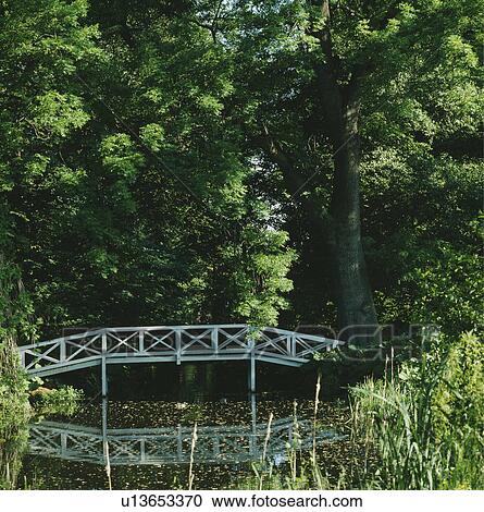 Stock Image - White wooden bridge over pond in natural country garden. Fotosearch