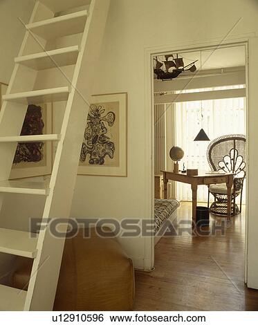 White wooden ladder staircase in small apartment hall with door open to bedroom View Large Photo Image Stock Photograph - White wooden ladder staircase in small apartment hall with door open to bedroom. Fotosearch