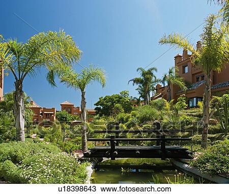 Wooden bridge over stream in garden with palm trees in Spanish holiday village View Large Photo Image Stock Image - Wooden bridge over stream in garden with palm trees in Spanish holiday village. Fotosearch