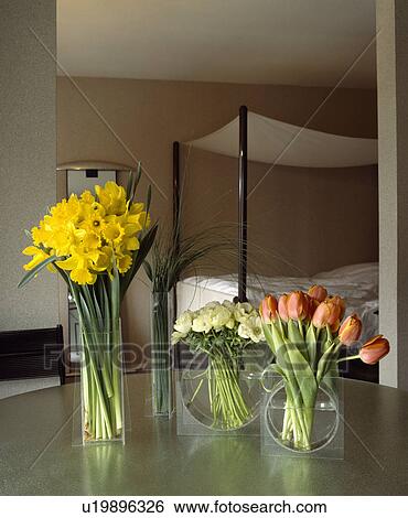 Stock Photograph - Yellow daffodils and red tulips in vases on table in modern bedroom. Fotosearch