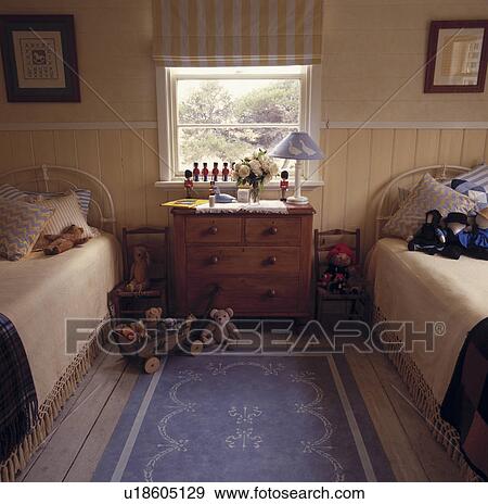Stock Photo - Yellow traditional country bedroom with stencilled floor rug, single beds and white painted dado rail and window with striped blind.. Fotosearch