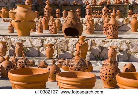 art pottery clay pots in shop beautiful algarve View Large Photo Image Stock Photo - art pottery clay pots in shop beautiful algarve . Fotosearch