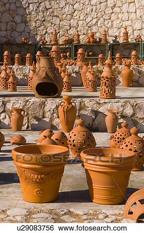 art pottery clay pots in shop beautiful algarve View Large Photo Image Stock Photograph - art pottery clay pots in shop beautiful algarve . Fotosearch