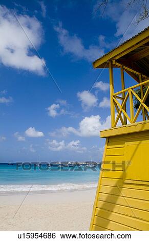 Stock Photograph -  beach beautiful yellow lifeguard stand in front. Fotosearch