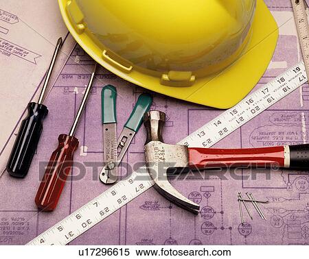 construction blueprint building devices hammer View Large Photo Image Stock Photography - construction blueprint building devices hammer. Fotosearch