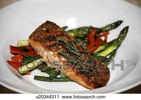 Stock Image -  design beauty grilled salmon steak sparagus bell. Fotosearch