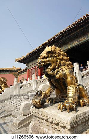 Stock Photograph -  design lion guarding gate in forbidden city asia . Fotosearch