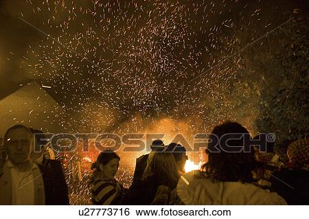 fire fireworks thrown bonfire society tar barrel View Large Photo Image Stock Photograph - fire fireworks thrown bonfire society tar barrel . Fotosearch