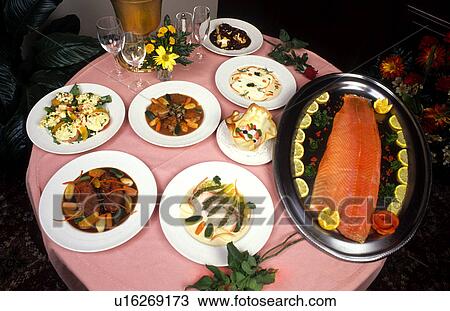 food fish table fine dining sea salmon dishes View Large Photo Image Stock Image - food fish table fine dining sea salmon dishes. Fotosearch