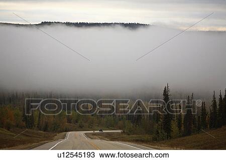Stock Image -  ground fog in scenic alberta vehicle highway. Fotosearch