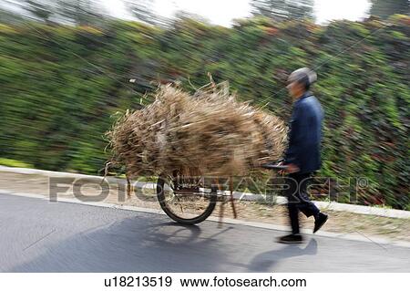 Stock Photo -  man male pushing cart hay road china asia blur . Fotosearch