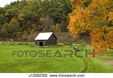 Stock Image -  old beautiful barn farm in fall colors foliage. Fotosearch