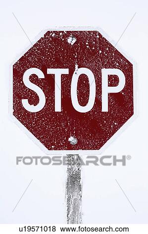 Stock Photo -  pattern nature winter hoar frost stop sign post . Fotosearch