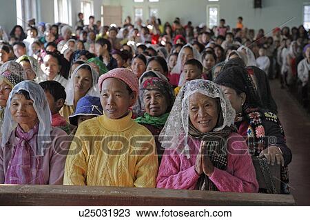 Stock Image -  people border person women myanmar sunday mass. Fotosearch