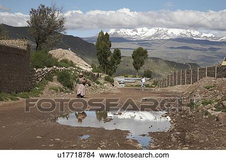 Picture -  peru landscape puddle snow covered andean yanque. Fotosearch