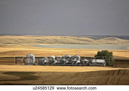 Stock Photo -  summer granaries big muddy lake in scenic cloud . Fotosearch