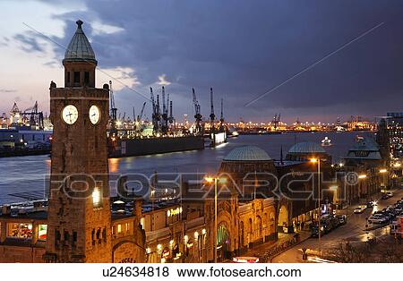 Stock Photo -  tower landungsbr cken hamburgs elbe river tells. Fotosearch