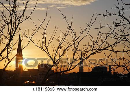 Stock Image -  tree sunrise steeples hamburg skyline germany . Fotosearch