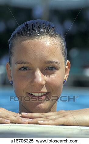 Stock Photography -  woman face swimming pool close up freizeit am. Fotosearch