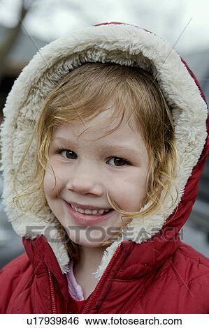 girl face kid young red jacket white hood wet View Large Photo Image Stock Photograph - girl face kid young red jacket white hood wet. Fotosearch