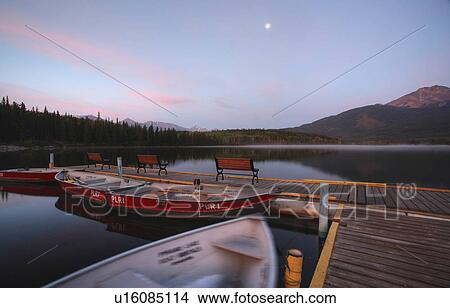 Picture -  morning view pyramid lake in jasper national. Fotosearch