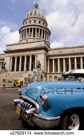 Picture -  car classic american 50s in front capitol havana. Fotosearch