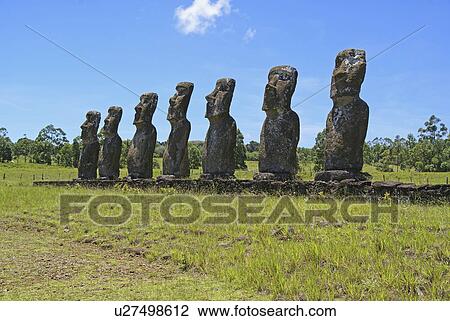 Stock Image -  easter blue sky chile island moai rapa nui south. Fotosearch