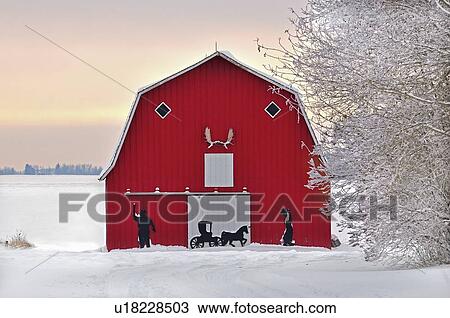 Stock Image -  tree winter horozontal scenic red barn some snow. Fotosearch