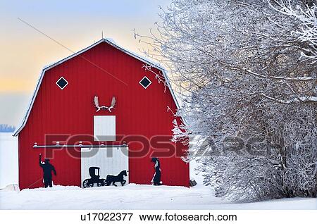 Stock Photo -  tree winter horozontal scenic red barn some snow. Fotosearch