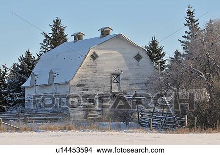Picture -  vintage landscape image white painted barn fence. Fotosearch