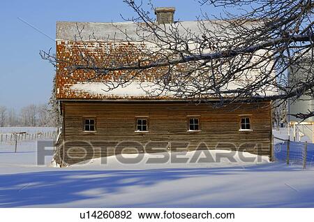 Stock Image -  vintage winter horozontal scenic barn farm side. Fotosearch